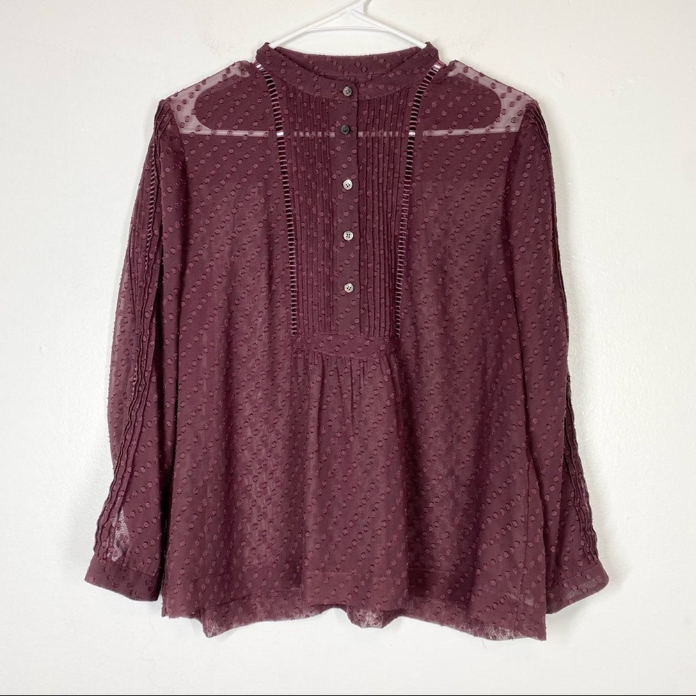 MADEWELL Plum Pintuck Clipdot Sheer Buttom Front Blouse Purple Red Large